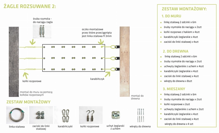 Mounting kit diagram for a retractable shade sail featuring steel cables, snap hooks, and hardware for wood or masonry.