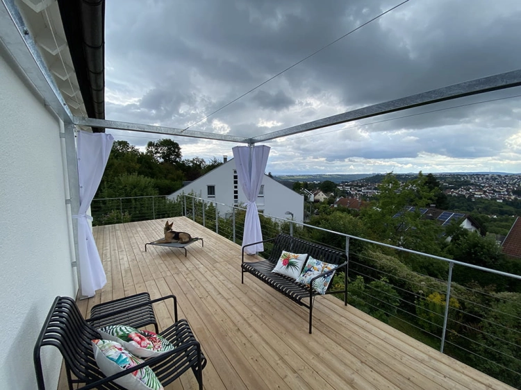 Premium 3x4 m waterproof retractable terrace roman blind installed on a modern wooden deck with metal framing