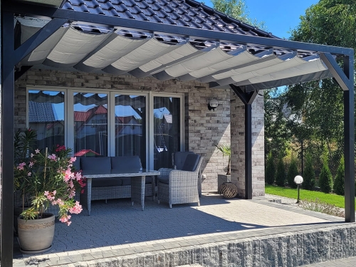 Grey Roman shade provides sun protection and waterproof coverage for a modern 3x4 m patio pergola setup