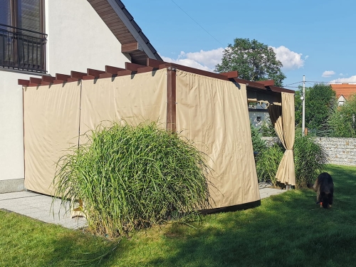 3x4 m waterproof premium roman blind installed on a wooden terrace pergola for sun protection and privacy