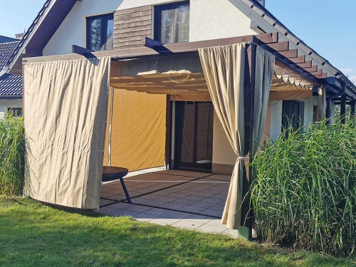 3x4 m premium terrace roman blind with waterproof curtains and sun shade covering an outdoor wooden pergola patio area