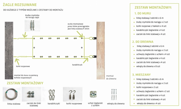 Installation guide for sliding shade sails showing wall and wood mounting hardware kits with steel cable and hooks.