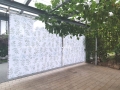 Tenda da giardino bianca con foglie, montata su una terrazza sotto un pergolato con vite