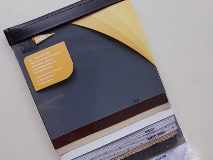 Professional SunShade fabric swatches including PCV and mesh materials for outdoor curtains and sun sails