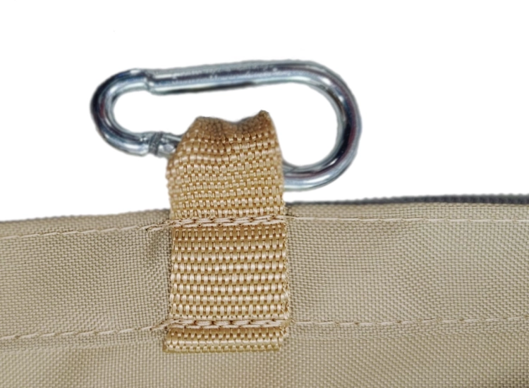 Metal snap hook attached to a durable tan webbing loop on a waterproof garden sun sail shade.