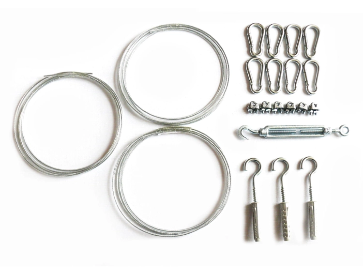 Universal sun shade sail mounting kit featuring cables, carabiners, turnbuckle, and wall hooks for easy installation