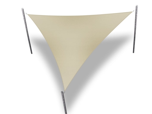 Beige triangular waterproof sun shade sail attached to three metal poles against a white background