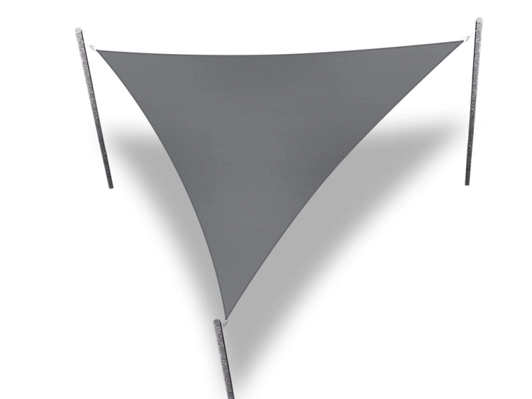Grey triangular waterproof sun shade sail installed on three vertical poles for garden patio protection.