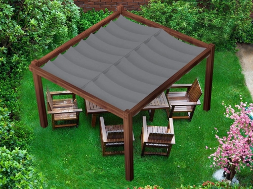 Wasserdichtes, ausziehbares Premium-Sonnensegel 2,5x4 m auf brauner Pergola mit Gartenmöbeln auf dem Rasen