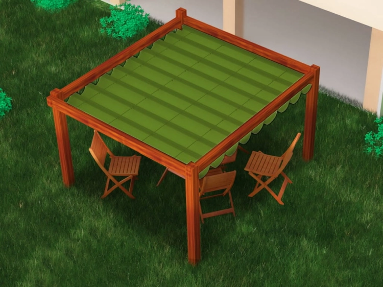 Grünes Raffrollo für die Terrasse 2,5x3 m montiert an einer Holzpergola mit Gartenstühlen auf dem Rasen