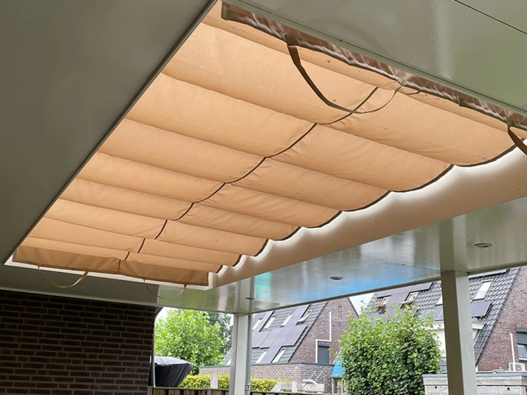 Beige premium 3x4 m waterproof Roman blind installed as a retractable sunshade roof for a modern terrace pergolaabnot