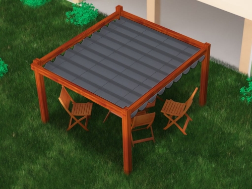 Grey waterproof Roman blind sunshade for 3x4m outdoor pergola with wooden chairs on green grass