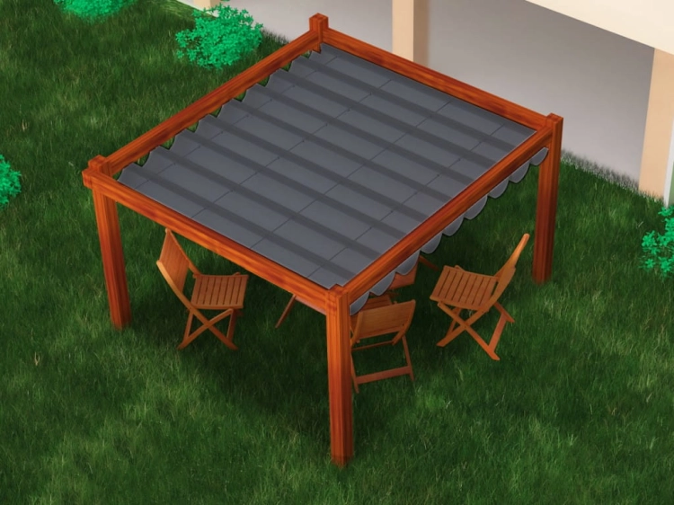 Grey waterproof Roman blind sunshade for 3x4m outdoor pergola with wooden chairs on green grass