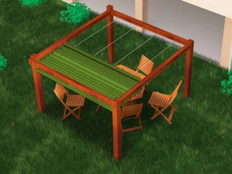 Waterproof premium retractable sun sail for a 3x4 m wooden garden pergola with outdoor patio furniture on grass