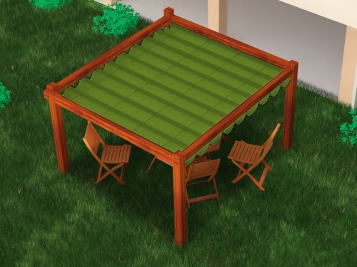 Premium waterproof 3x4 m green terrace roman blind on a wooden pergola with chairs in a garden setting