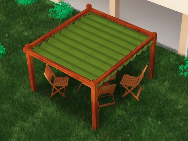 Premium waterproof 3x4 m green terrace roman blind on a wooden pergola with chairs in a garden setting