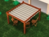 Retractable pergola canopy 3x4 m on a wooden frame with garden chairs on green grass outdoors