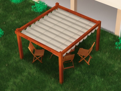 Retractable pergola canopy 3x4 m on a wooden frame with garden chairs on green grass outdoors