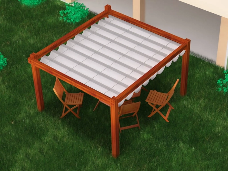 Rectangular 3x4 m wooden pergola with a Retractable Roman outdoor blind and folding chairs on a green lawn