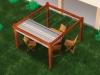 Retractable premium Roman terrace blind 3x4m on a wooden pergola with outdoor table and chairs on grass