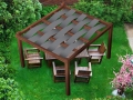 Toldo para pérgola gris impermeable de 0,7 x 5 m entrelazado en el techo de una estructura de madera de jardín