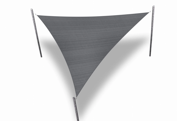 Grey triangular HDPE sun shade sail with three mounting poles for garden and outdoor use