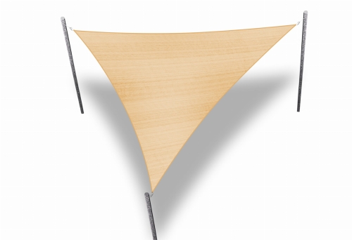 Beige triangular 4.2x4.2x5.9m HDPE sun shade sail with three mounting poles for garden and terrace protection