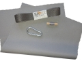Kit de réparation pour voiles d'ombrage avec tissu gris, ruban adhésif, mousqueton et fil sur bobine