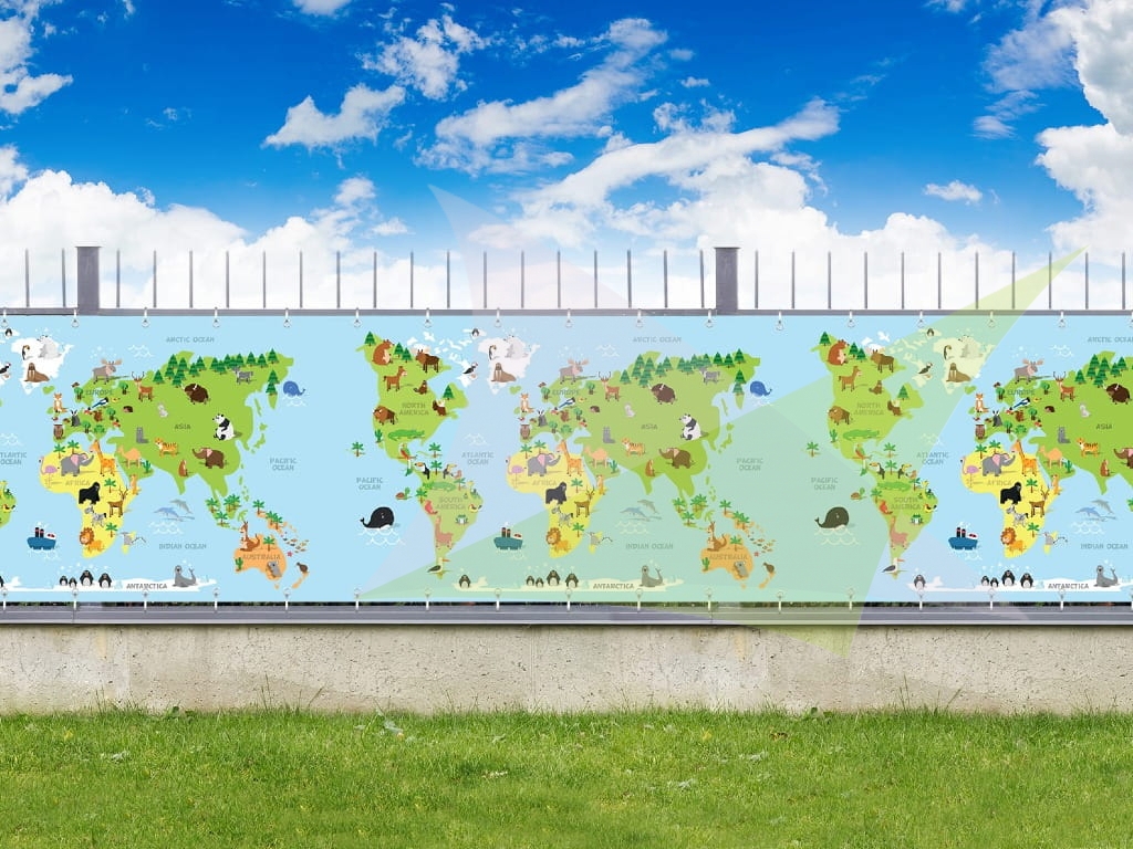 World map balcony privacy screen with cute cartoon animals for kids, custom sized outdoor privacy mesh fence cover.