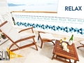 Protección publicitaria para balcón con impresión Relax y patrón geométrico en una terraza soleada con muebles de jardín