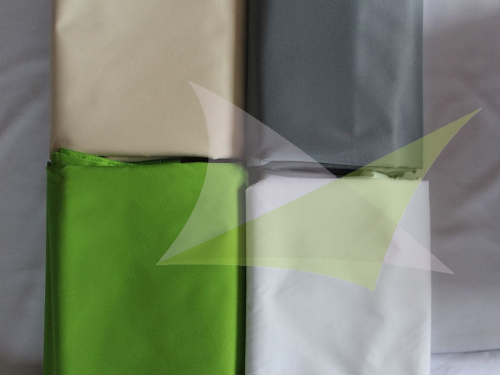 Four fabric swatches for waterproof sun sails in beige, grey, lime green, and white colors.