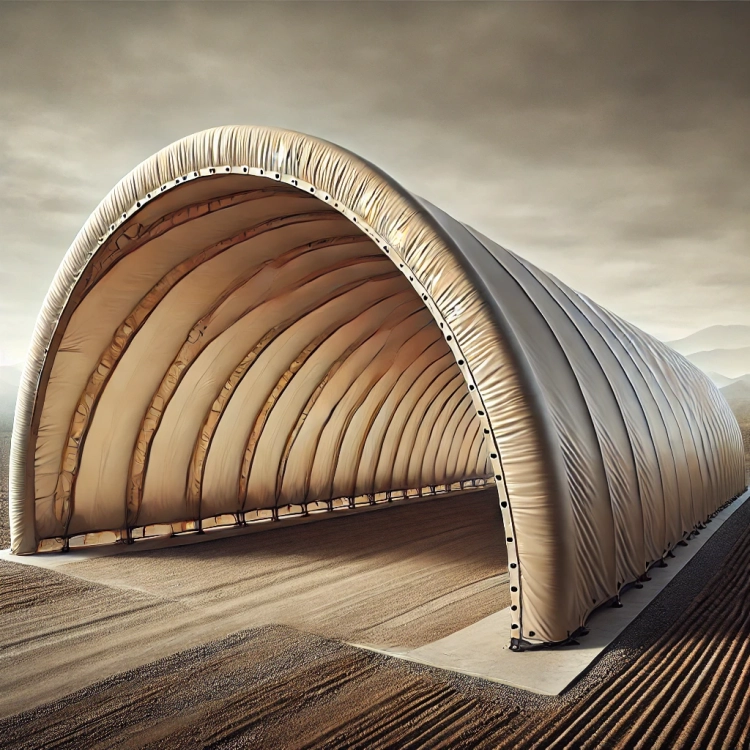 Durable custom arch hangar tarpaulin cover for industrial or storage shelters in a desert landscape