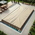 Custom-sized tan rectangular pool cover protecting an inground swimming pool on a stone patio with outdoor furniture