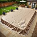 Custom-made tan pool cover spread across an outdoor patio with grommets around the edge for secure pool protection
