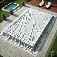 Copertura per piscina bianca su misura, stesa sulla terrazza accanto alla piscina e ai lettini