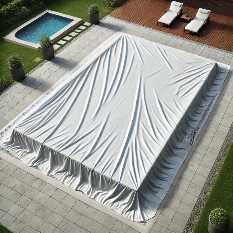 Custom-sized white swimming pool cover protecting a rectangular inground pool on a modern patio with lounge chairs.