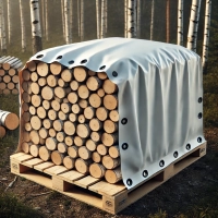 Weiße Abdeckplane nach Maß schützt Kaminholzstapel auf einer Palette im Wald