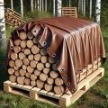Brown heavy-duty wood pile tarp with metal grommets covering firewood stacked on a wooden pallet in a forest setting