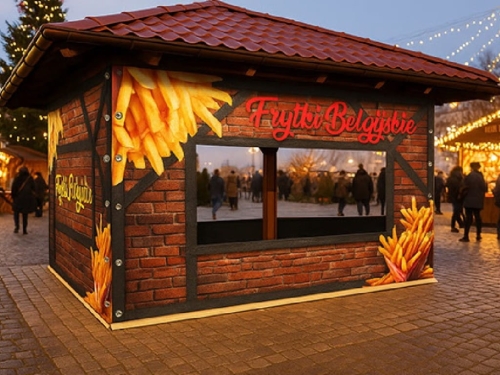 Custom printed architectural vinyl covering a wooden fries stall at a Christmas market with brick and french fry graphics.