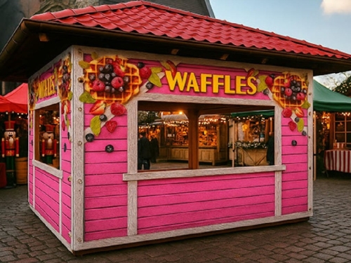 Rosa Holz-Waffelstand mit buntem Fruchtaufdruck auf einem Weihnachtsmarkt