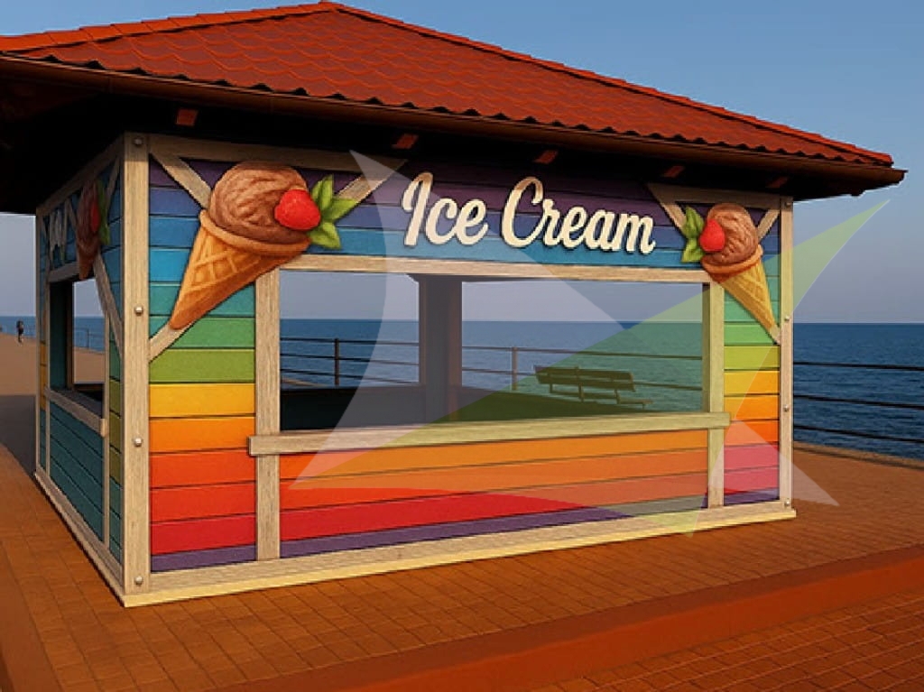Colorful ice cream stand with rainbow stripes and a custom printed tarp roof on a beachfront boardwalk.