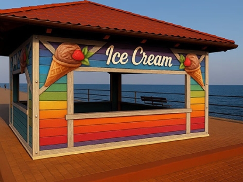 Regenboog dekzeil voor terras met Ice Cream reclameopdruk, op maat gemaakt voor horecagelegenheid