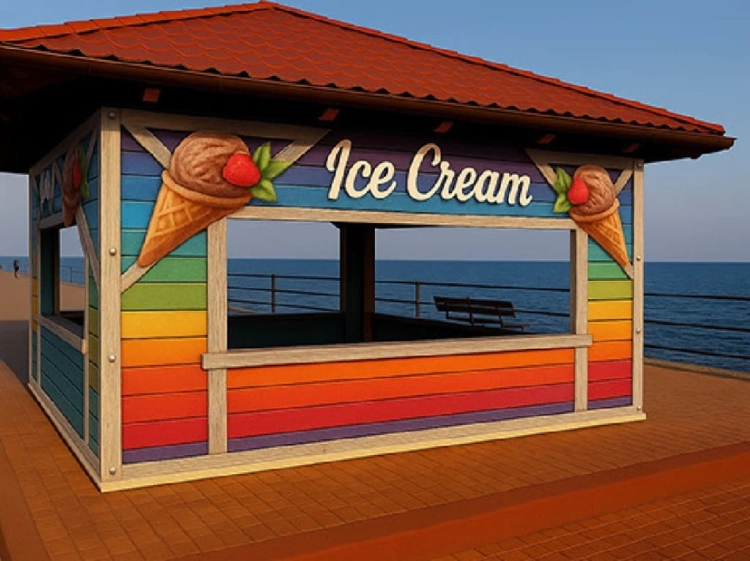 Telone per terrazza arcobaleno con stampa pubblicitaria Ice Cream, realizzato su misura per punto di ristoro