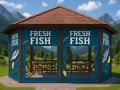 Custom terrace tarpaulin with advertising print featuring Fresh Fish design for an outdoor restaurant pavilion.