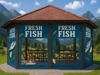 Custom terrace tarpaulin with advertising print featuring Fresh Fish design for an outdoor restaurant pavilion.