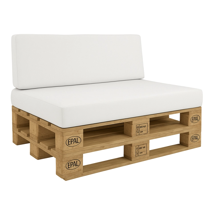 White garden pallet sofa cushions on a light wood EPAL pallet frame against a white background
