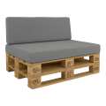 Grey cushions on a wooden pallet sofa frame with a backrest and seat for garden or patio furniture
