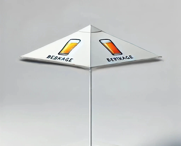 Witte reclameparasol met opdruk van bierglazen en tekst, ideaal voor evenementen en terrassen