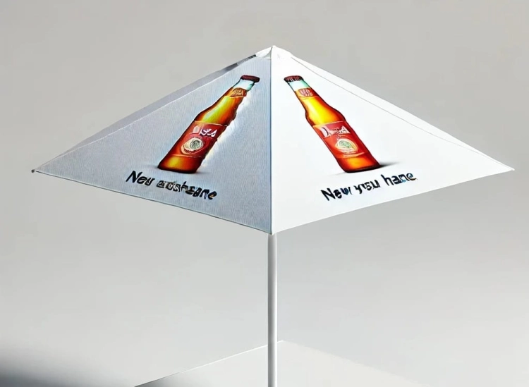 Custom event parasol featuring a square white canopy printed with beer bottle graphics and promotional text.