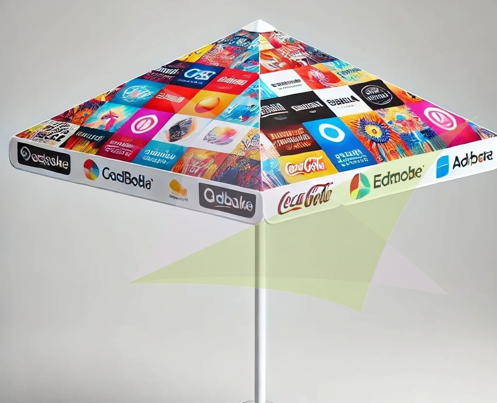 Square advertising parasol with colorful multi-logo print on panels and white valance for outdoor events